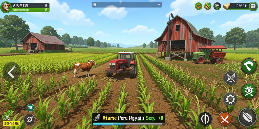 Tampilan gameplay ATOM138 dengan aktivitas berkebun dan panen.
