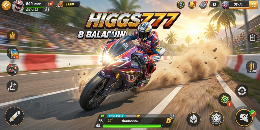 Gameplay HIGGS777 saat balapan motor di lintasan yang menantang.