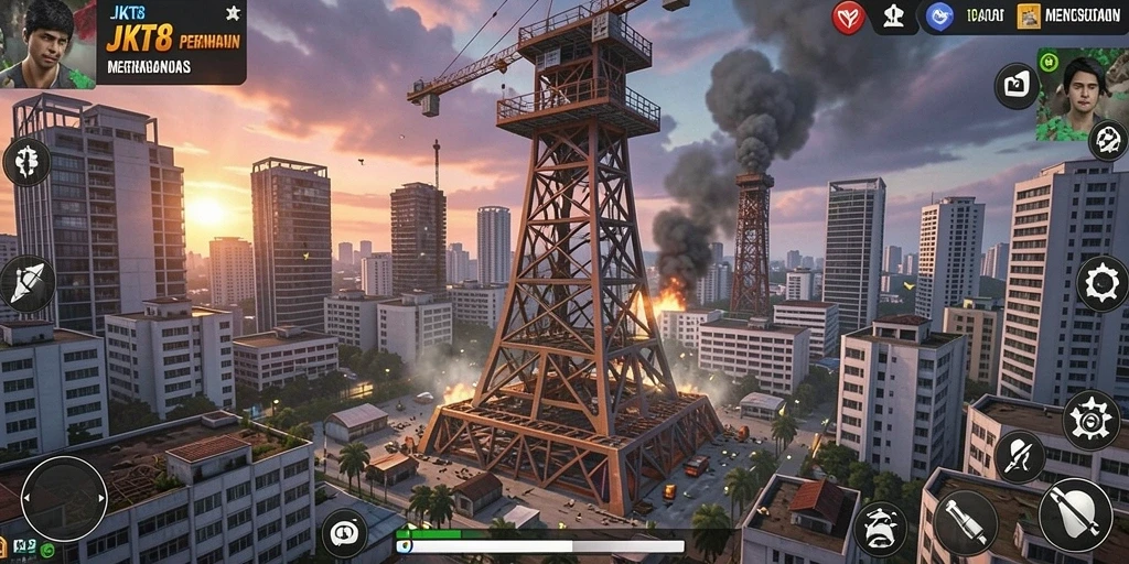 Screenshot JKT8 menampilkan aksi menara mempertahankan wilayah dari serangan musuh.