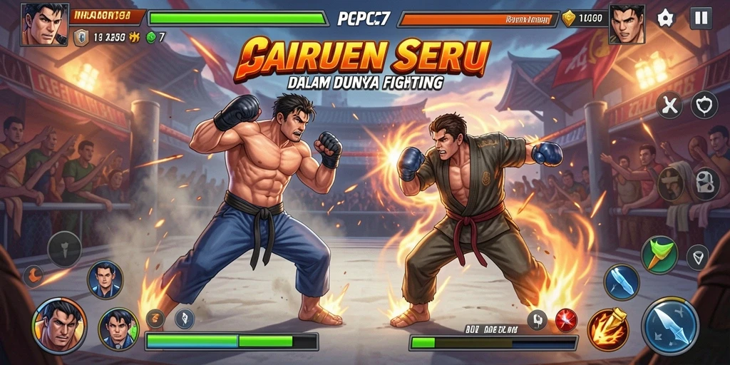 Tampilan seru gameplay PCPC7 dengan pertarungan karakter yang mendebarkan.