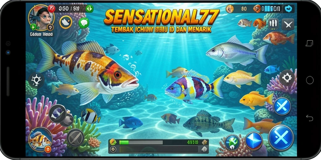 Screenshot gameplay <strong>SENSATIONAL77</strong> menampilkan aksi menembak ikan yang seru.