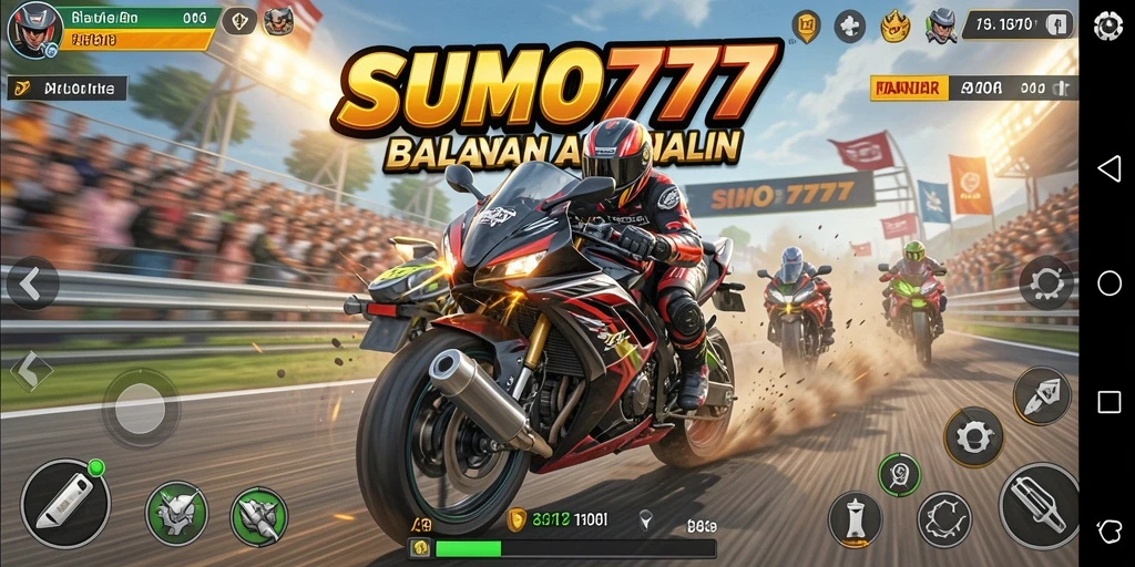Screenshot permainan <strong>SUMO777</strong> menampilkan aksi balapan motor yang seru dan mendebarkan.