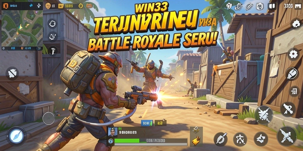 Screenshot gameplay WIN33 menampilkan pertempuran intens Battle Royale.